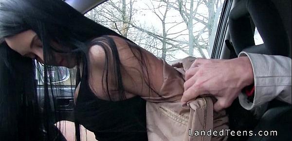  Teen hitch sucking cock in the car in public